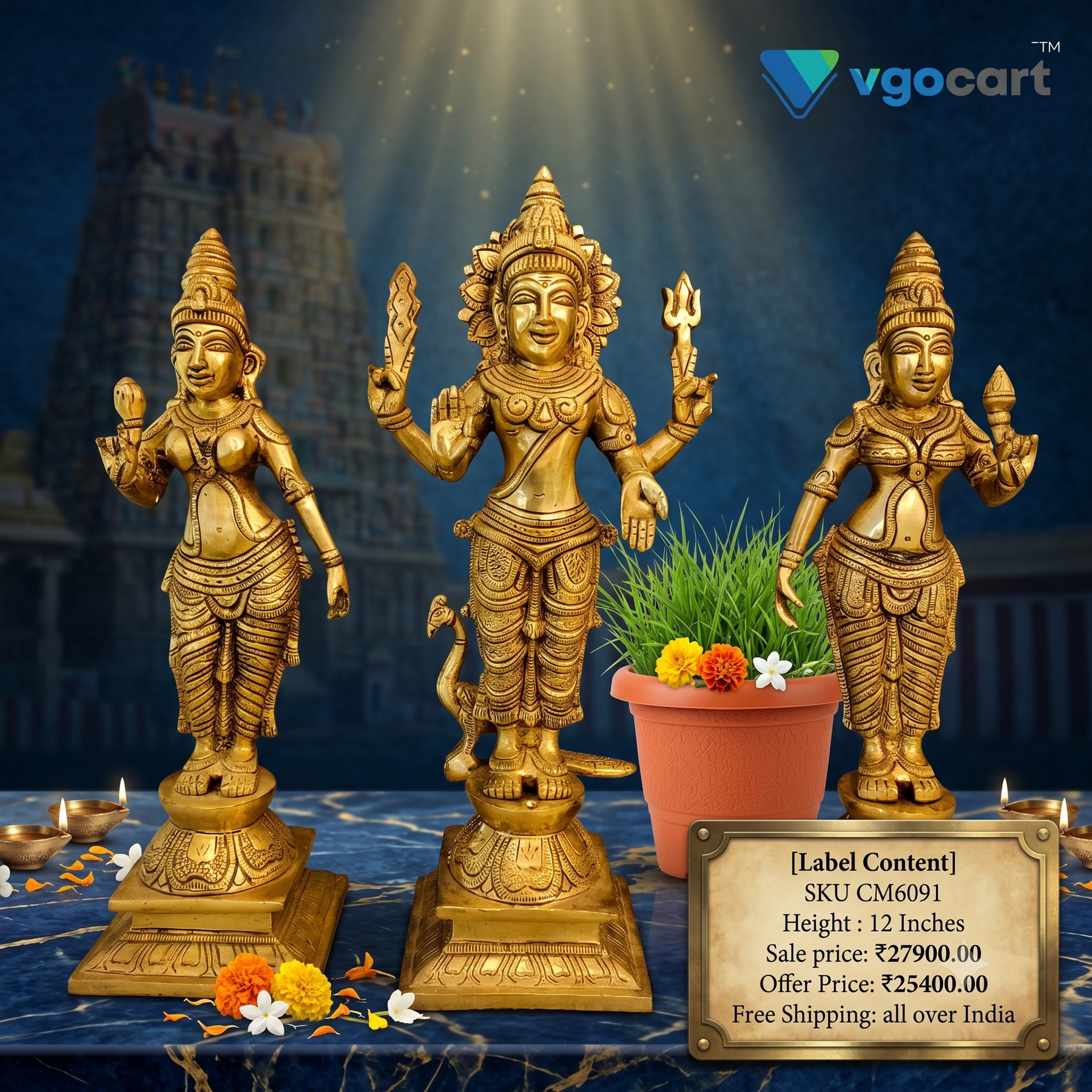 12″ Brass Murugan Valli Deivanai Idol | Lord Murugan with Valli & Deivanai Premium Brass Statue for Pooja & Home