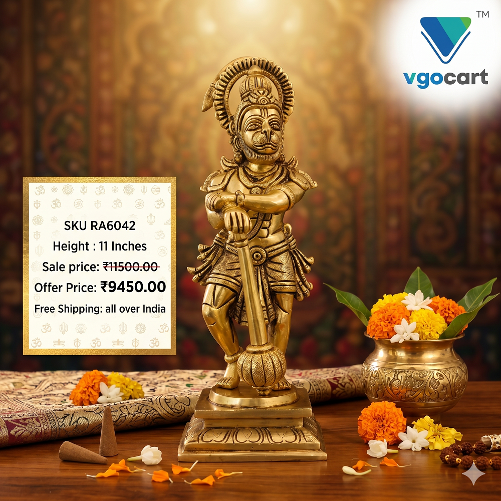 11″ Brass Hanuman Standing Idol | Lord Hanuman Premium Brass Statue for Pooja Room, Home & Vastu Decor