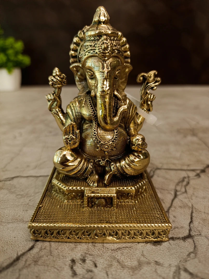Brass Fine Art Ganesha Idol on Square Base – 3.5 Inch | Premium Pooja Room & Home Décor