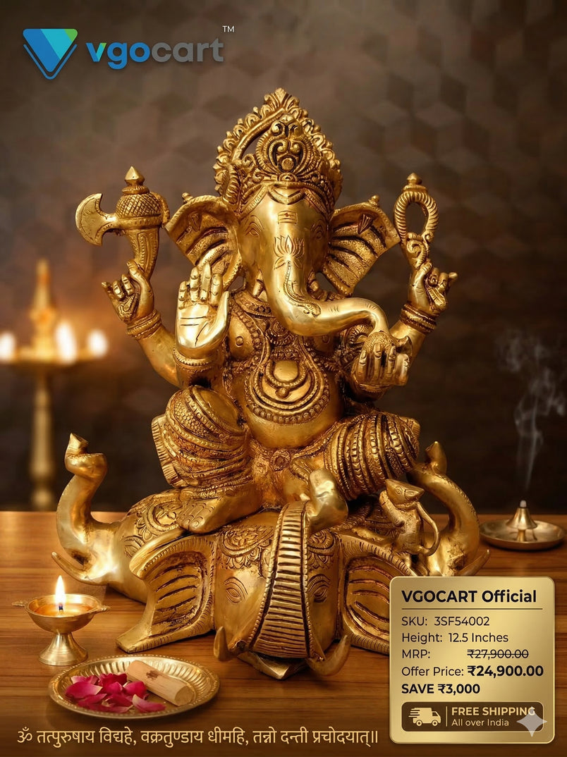 Brass Ganesha Idol on Sitting Elephant Head – 12.5 Inch | Premium Traditional Ganesh Statue for Pooja & Home Decor