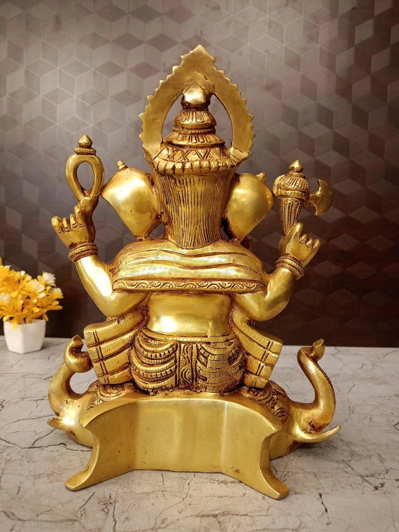 Brass Ganesha Idol on Sitting Elephant Head – 12.5 Inch | Premium Traditional Ganesh Statue for Pooja & Home Decor