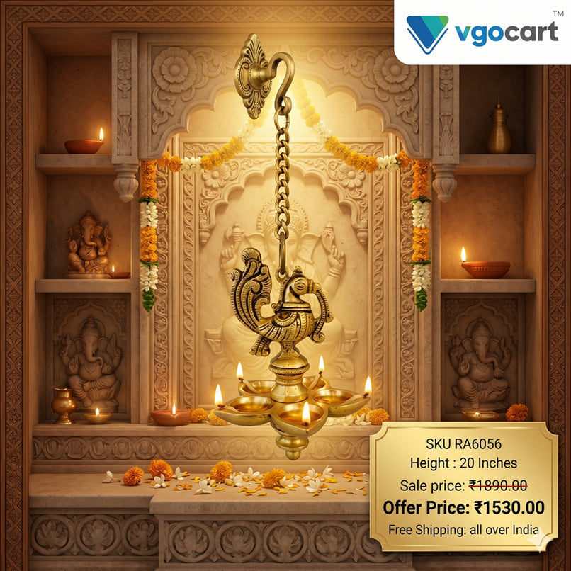 Brass Five Face Hanging Diya – 20 Inch | Traditional Panchamukhi Brass Oil Lamp for Pooja & Home Décor