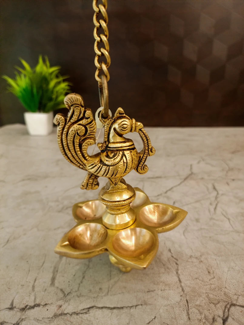 Brass Five Face Hanging Diya – 20 Inch | Traditional Panchamukhi Brass Oil Lamp for Pooja & Home Décor