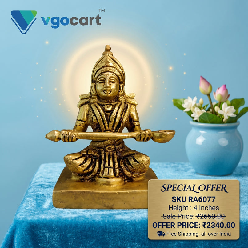 Brass Annapoorani Amman on Chowki Idol – 4 Inch | Traditional Goddess Annapurna Statue for Pooja