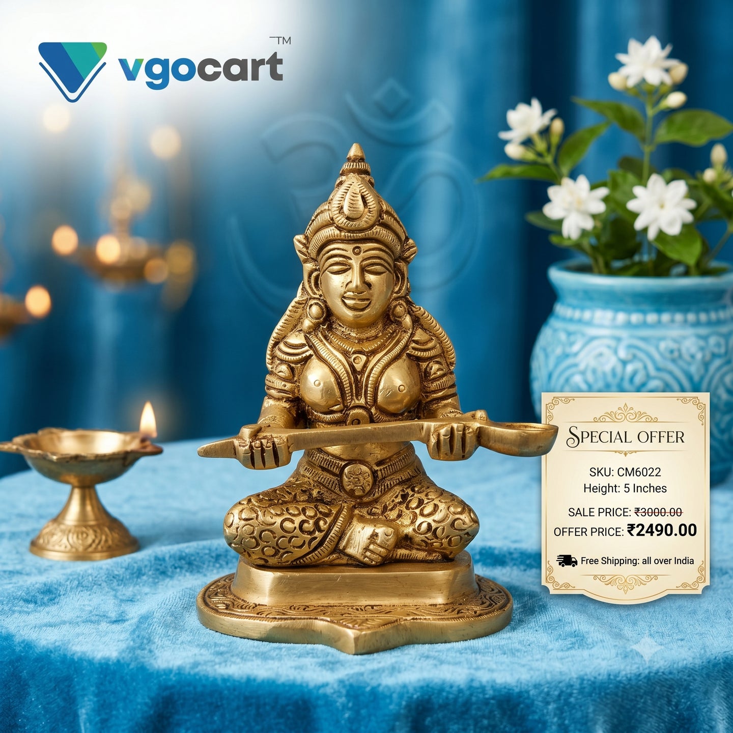 Brass Chowki Annapoorani Amman Idol – 5 Inch | Traditional Goddess Annapurna Statue for Pooja