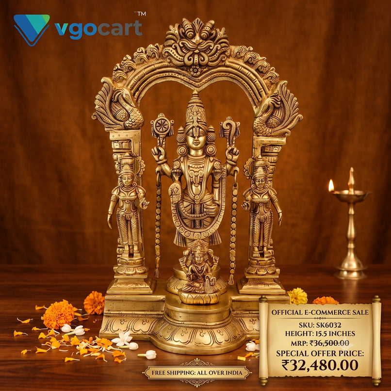 Brass Balaji Venkateswara with Sridevi, Bhudevi & Lakshmi Idol 15.5 Inch | Thiruvachi Venkateswara Statue for Pooja Room & Home