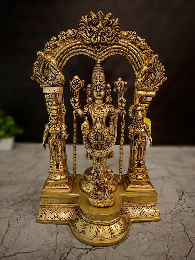 Brass Balaji Venkateswara with Sridevi, Bhudevi & Lakshmi Idol 15.5 Inch | Thiruvachi Venkateswara Statue for Pooja Room & Home