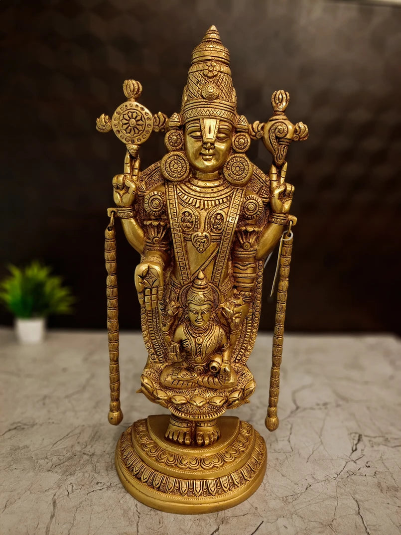Brass Chain Balaji with Lakshmi Idol – 19.5 Inch | Venkateswara Perumal with Goddess Lakshmi | Traditional Brass Temple Statue