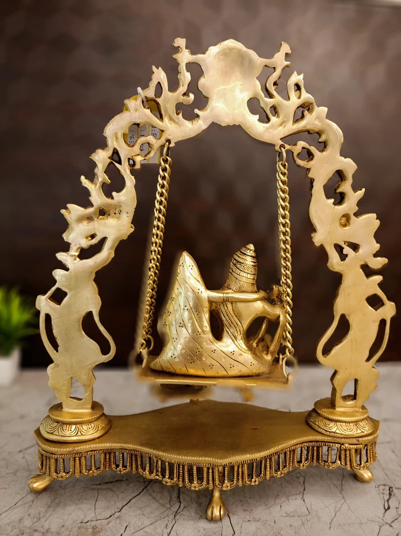 Brass Swing Radha Krishna Idol – 18 Inch | Lord Krishna & Radha Jhula Statue | Traditional Brass Pooja & Home Decor