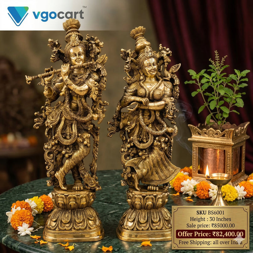 Antique Brass Radha Krishna Idol – 30 Inch | Traditional Radha Krishna Statue | Premium Brass Spiritual & Home Decor