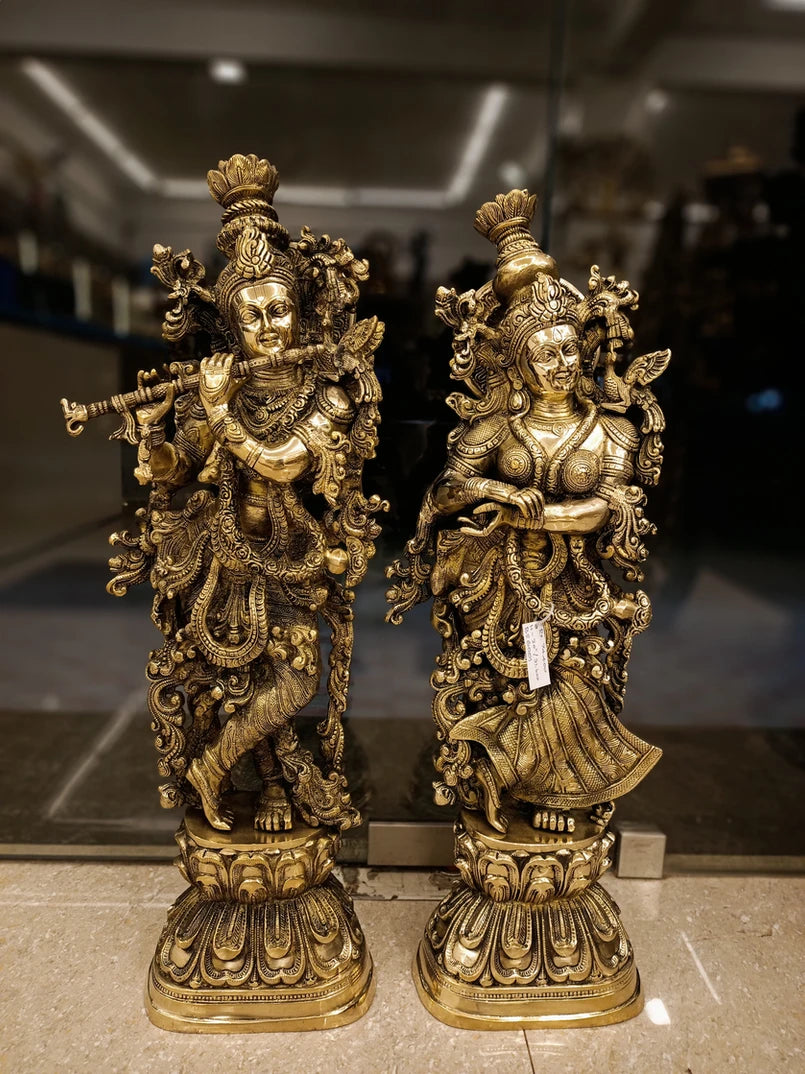 Antique Brass Radha Krishna Idol – 30 Inch | Traditional Radha Krishna Statue | Premium Brass Spiritual & Home Decor