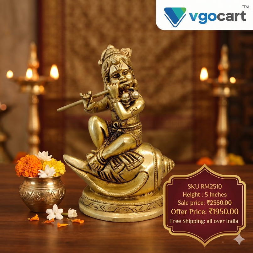 Brass Sangu Krishna Idol – 5 Inch | Krishna with Shankha Brass Statue | Traditional Lord Krishna Pooja & Spiritual Decor