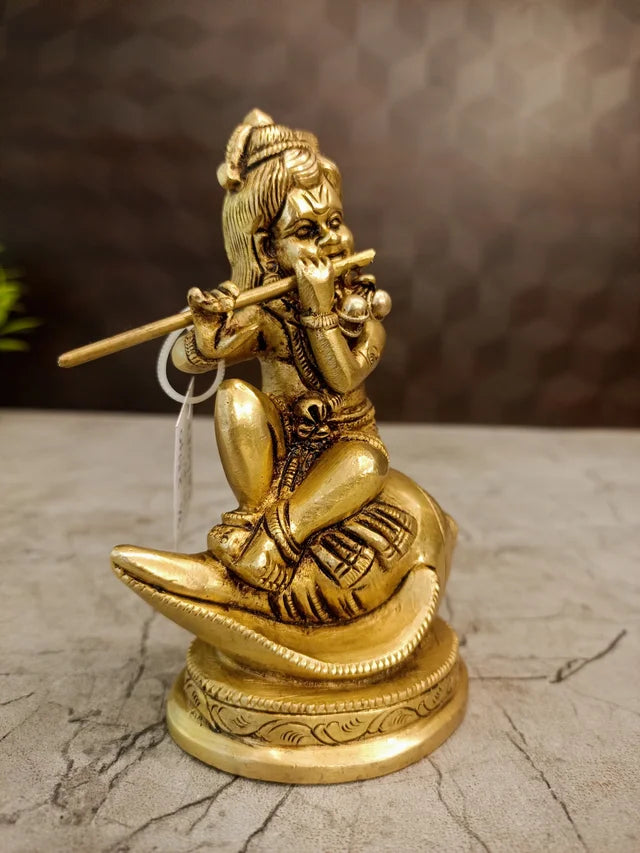 Brass Sangu Krishna Idol – 5 Inch | Krishna with Shankha Brass Statue | Traditional Lord Krishna Pooja & Spiritual Decor