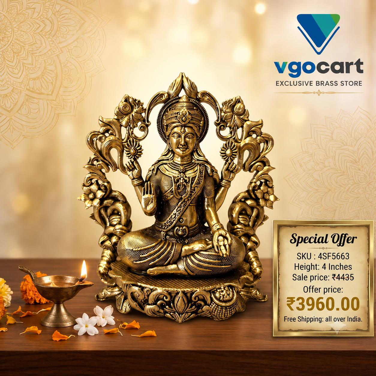 Brass Designer Arch Lakshmi Idol | Fine Art Goddess Lakshmi Statue with Ornate Temple Arch for Pooja Room & Home Decor