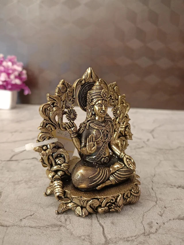Brass Designer Arch Lakshmi Idol | Fine Art Goddess Lakshmi Statue with Ornate Temple Arch for Pooja Room & Home Decor