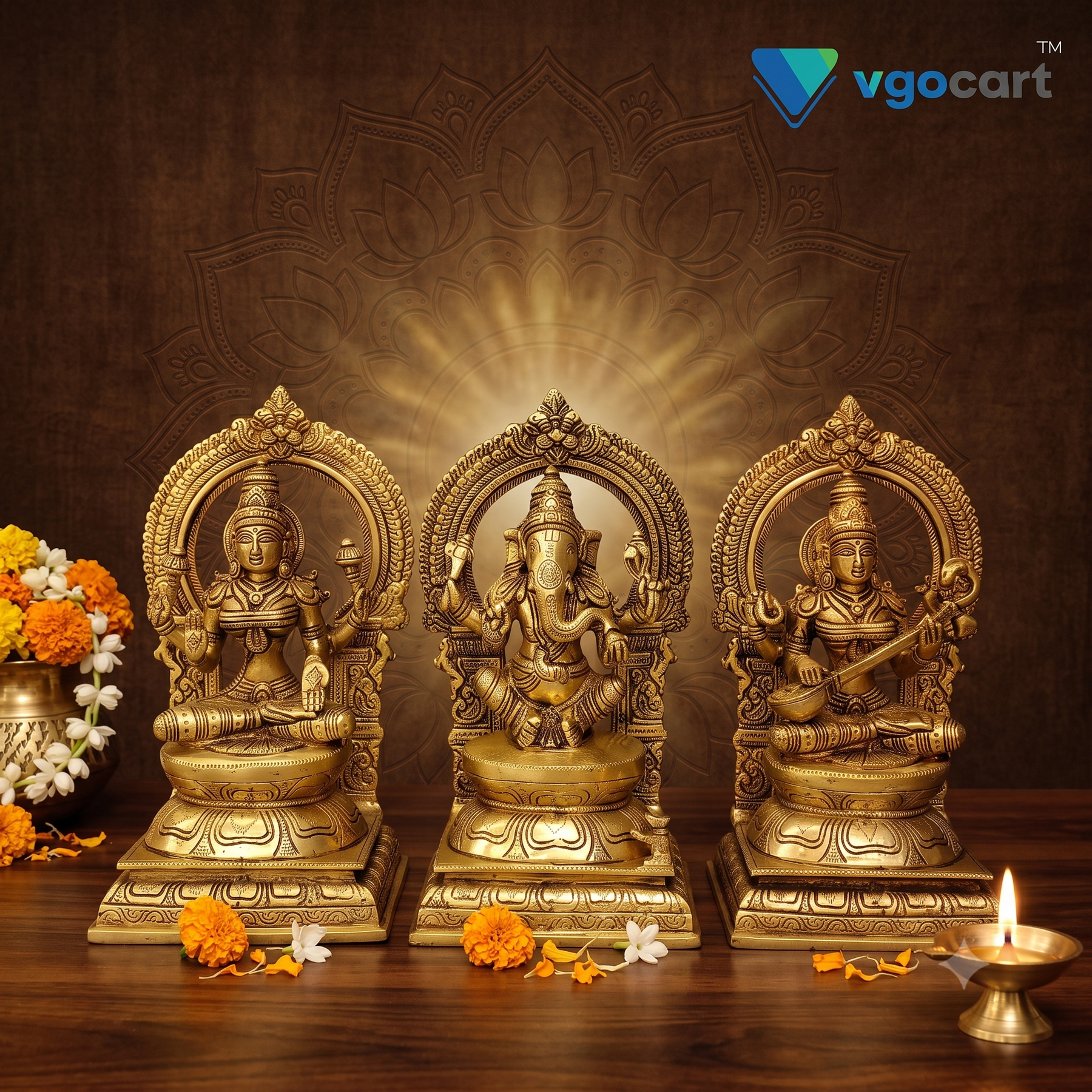 Brass Lakshmi Ganesha Saraswathi Idol Set 10 Inch – Divine Hindu Trinity for Pooja Room & Home Décor