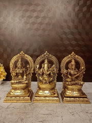 Brass Lakshmi Ganesha Saraswathi Idol Set 10 Inch – Divine Hindu Trinity for Pooja Room & Home Décor