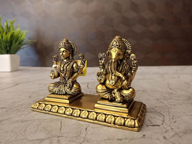 Brass Fine Art Lakshmi Ganesha Idol on Rectangle Base | Premium Brass Statue for Pooja & Home Décor