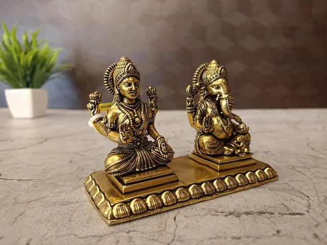 Brass Fine Art Lakshmi Ganesha Idol on Rectangle Base | Premium Brass Statue for Pooja & Home Décor