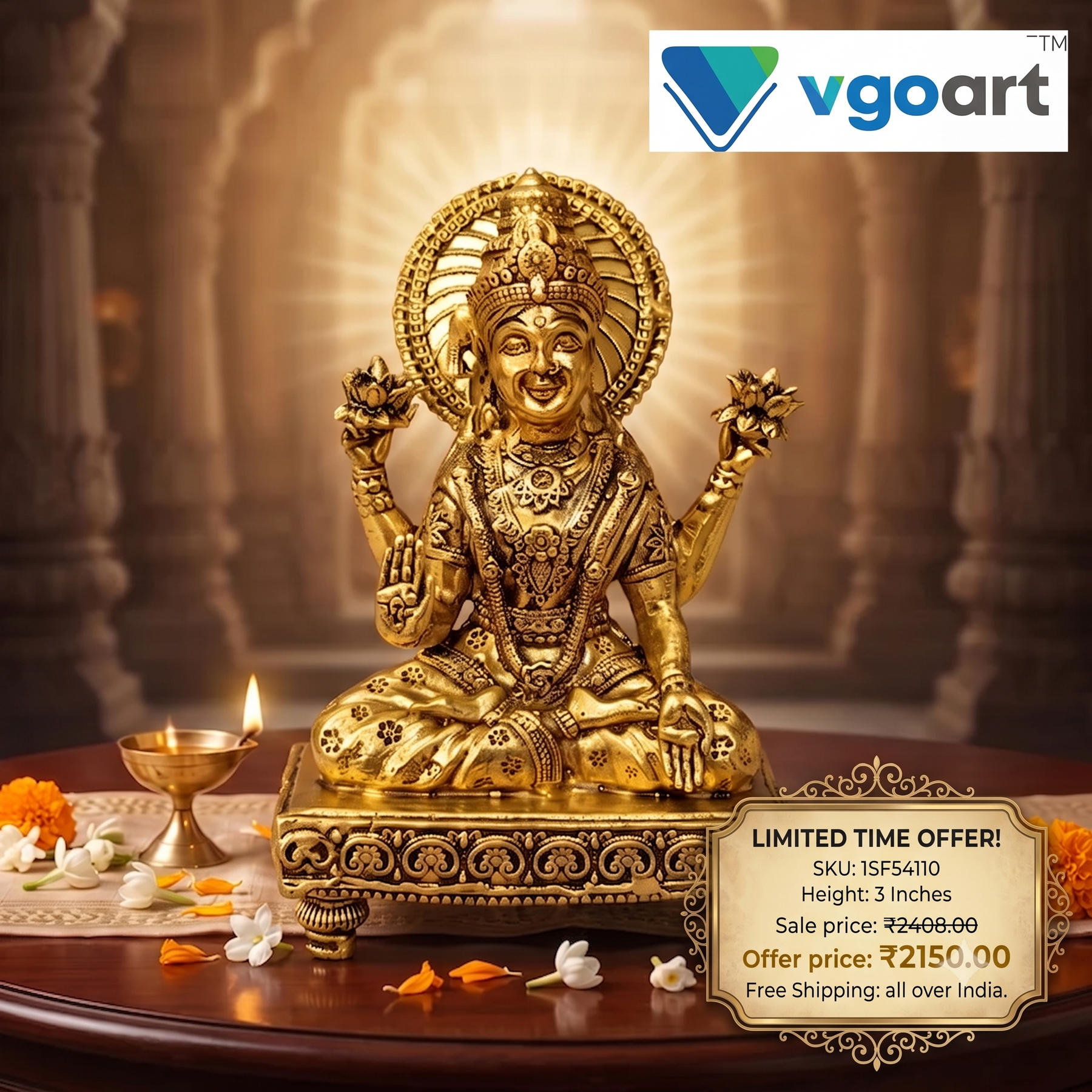 Brass Fine Art Lakshmi Idol on Chowki Stand | Goddess Lakshmi Brass Statue for Pooja & Home Décor