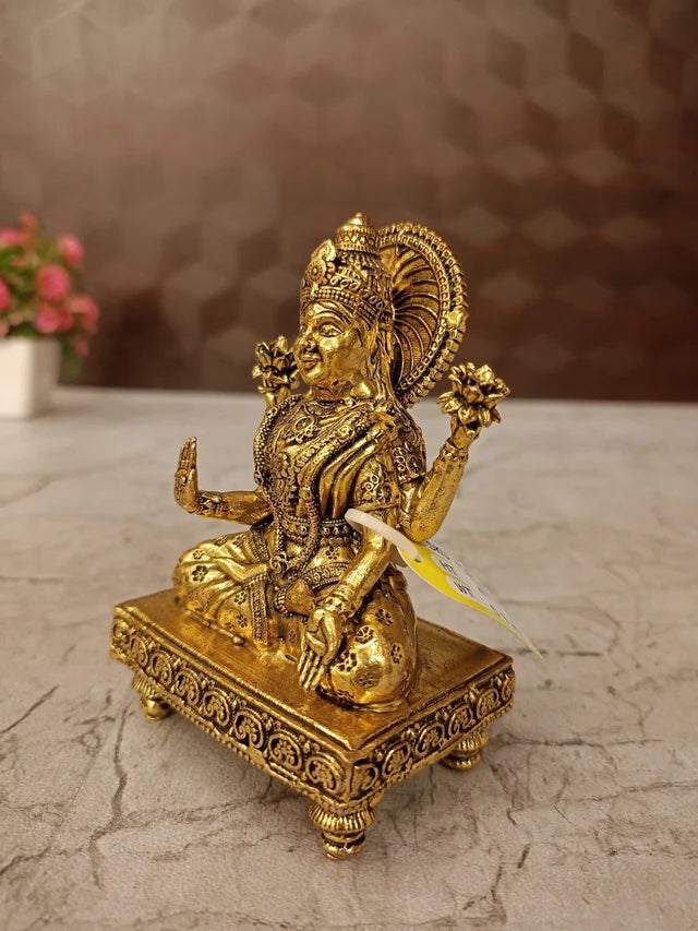 Brass Fine Art Lakshmi Idol on Chowki Stand | Goddess Lakshmi Brass Statue for Pooja & Home Décor