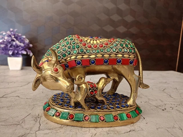 Brass Stone Cow & Calf Idol for Pooja | Kamadhenu Brass Statue with Stone Work | Traditional Pooja Room & Home Décor