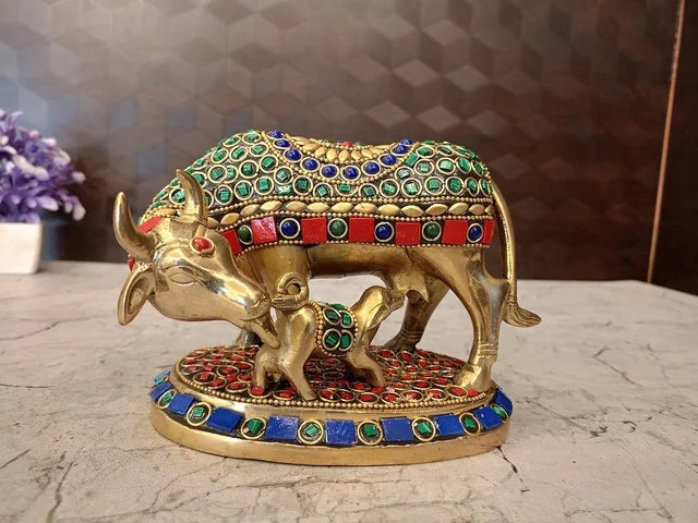 Brass Stone Cow & Calf Idol for Pooja | Kamadhenu Brass Statue with Stone Work | Traditional Pooja Room & Home Décor