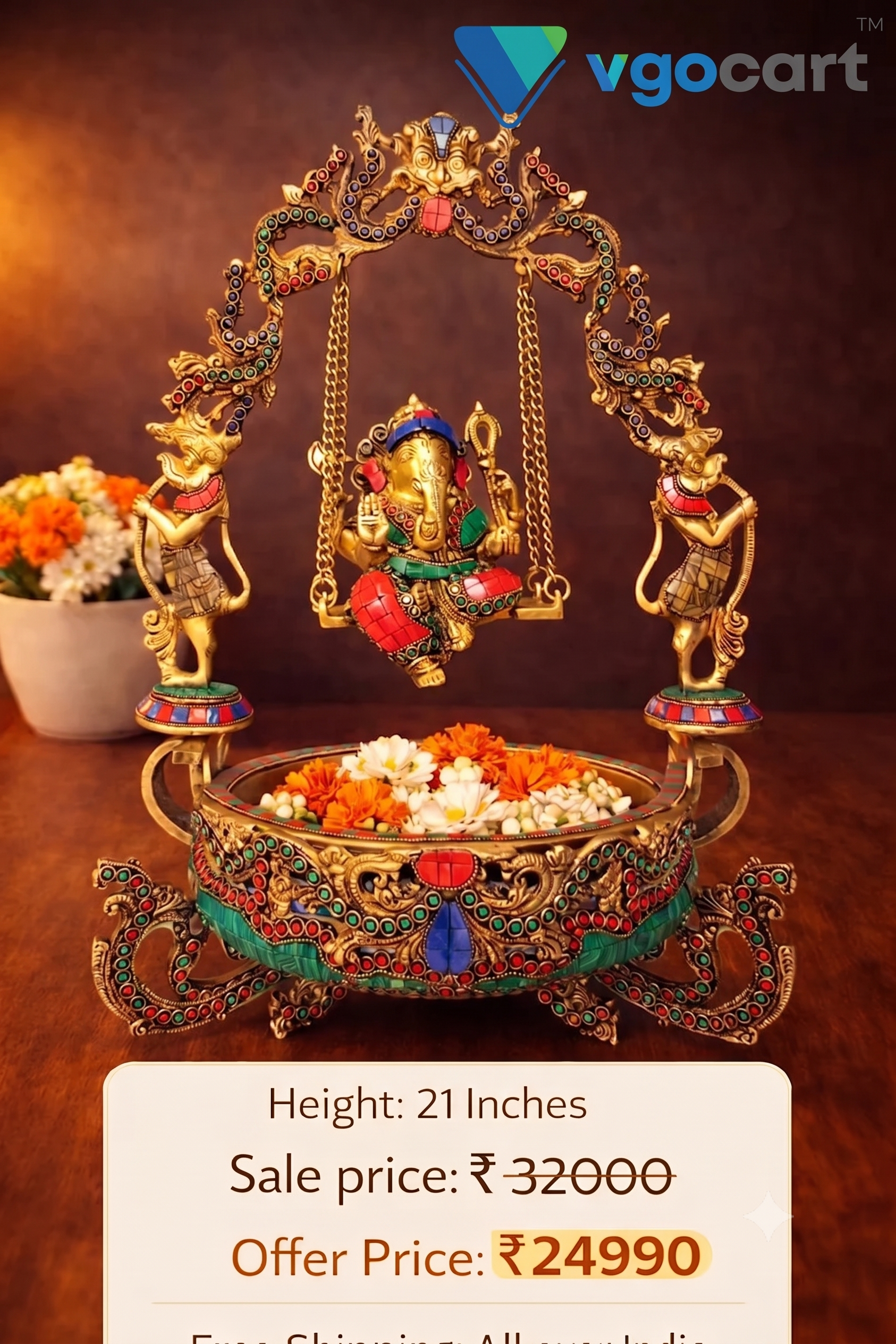 Brass Decorative Ganesha Stone Uruli | Traditional Brass Urli Bowl for Floating Flowers, Home Décor & Wedding Gifting