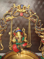 Brass Decorative Ganesha Stone Uruli | Traditional Brass Urli Bowl for Floating Flowers, Home Décor & Wedding Gifting