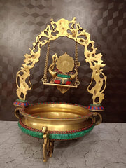 Brass Decorative Ganesha Stone Uruli | Traditional Brass Urli Bowl for Floating Flowers, Home Décor & Wedding Gifting