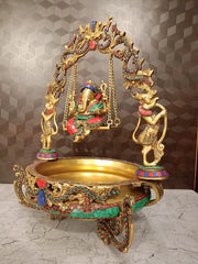 Brass Decorative Ganesha Stone Uruli | Traditional Brass Urli Bowl for Floating Flowers, Home Décor & Wedding Gifting