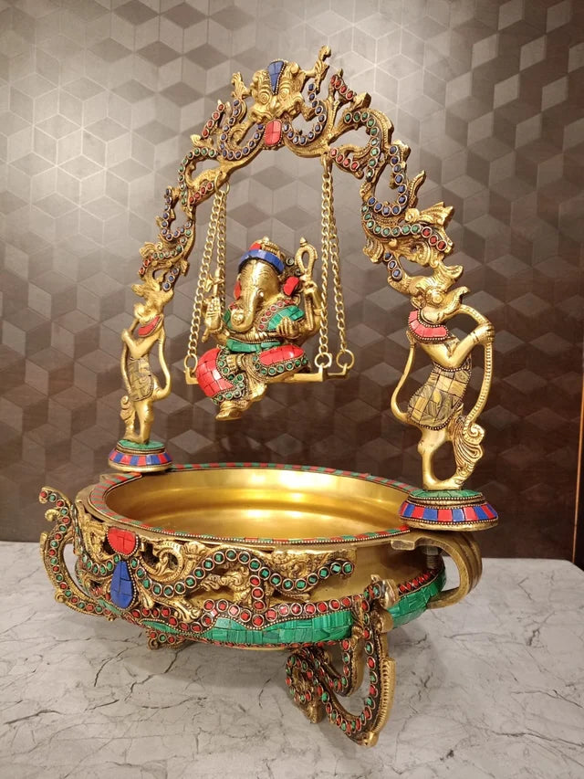 Brass Decorative Ganesha Stone Uruli | Traditional Brass Urli Bowl for Floating Flowers, Home Décor & Wedding Gifting