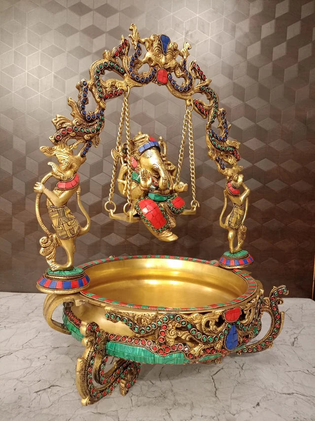 Brass Decorative Ganesha Stone Uruli | Traditional Brass Urli Bowl for Floating Flowers, Home Décor & Wedding Gifting