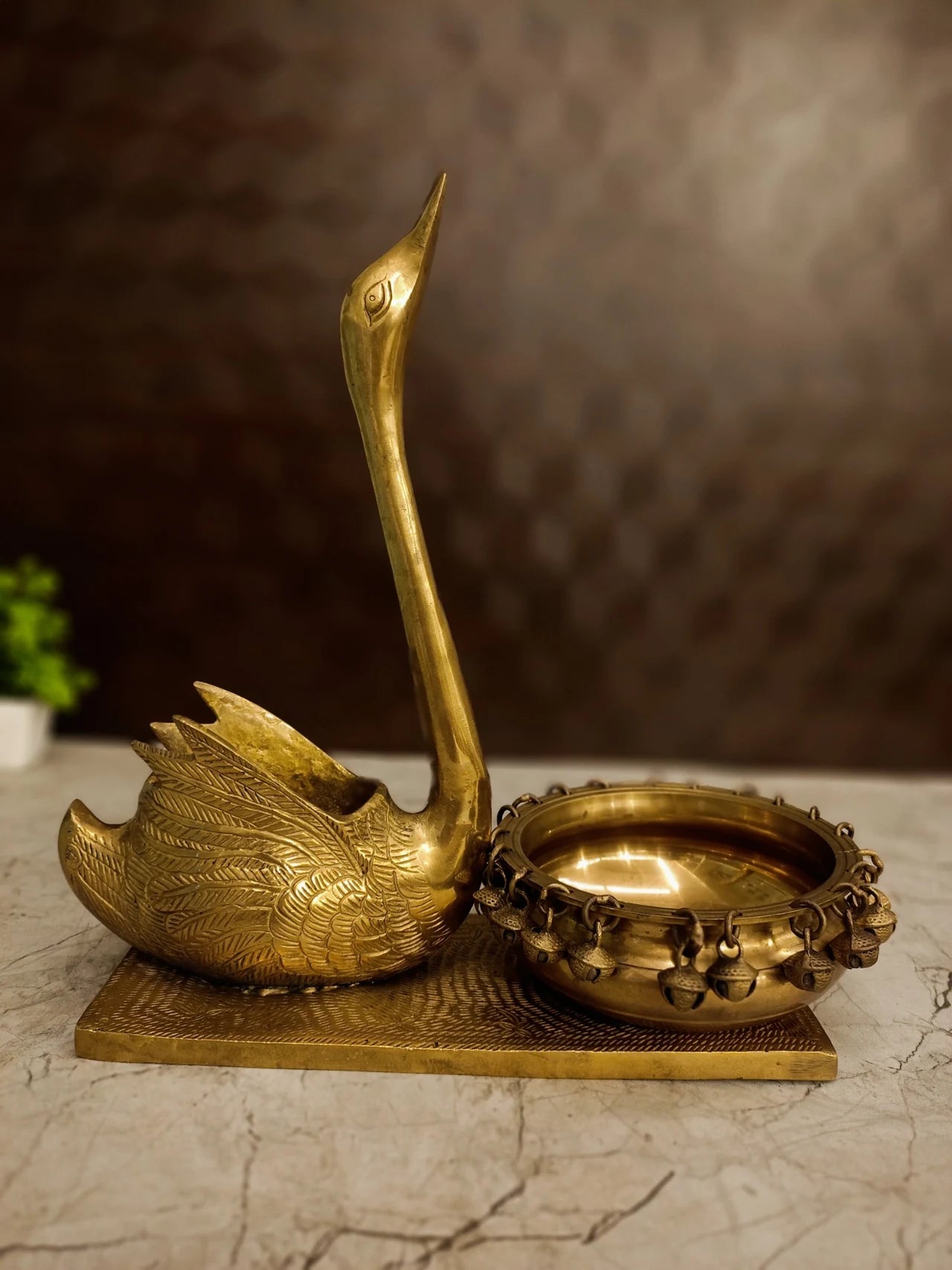 Brass Swan Uruli 13 Inch | Traditional Swan Brass Urli Bowl for Floating Flowers, Home Décor & Wedding Gifting