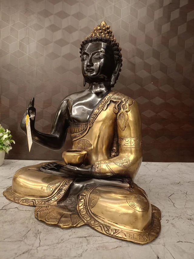 Brass Buddha Idol 16.5 Inch – Black & Golden Finish Buddha Statue with Decorative Base for Home & Office Decor