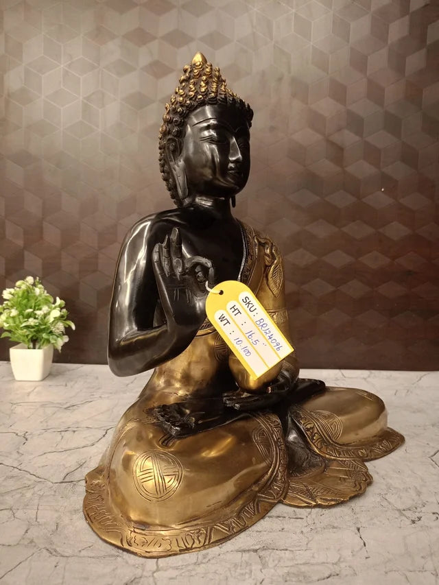 Brass Buddha Idol 16.5 Inch – Black & Golden Finish Buddha Statue with Decorative Base for Home & Office Decor