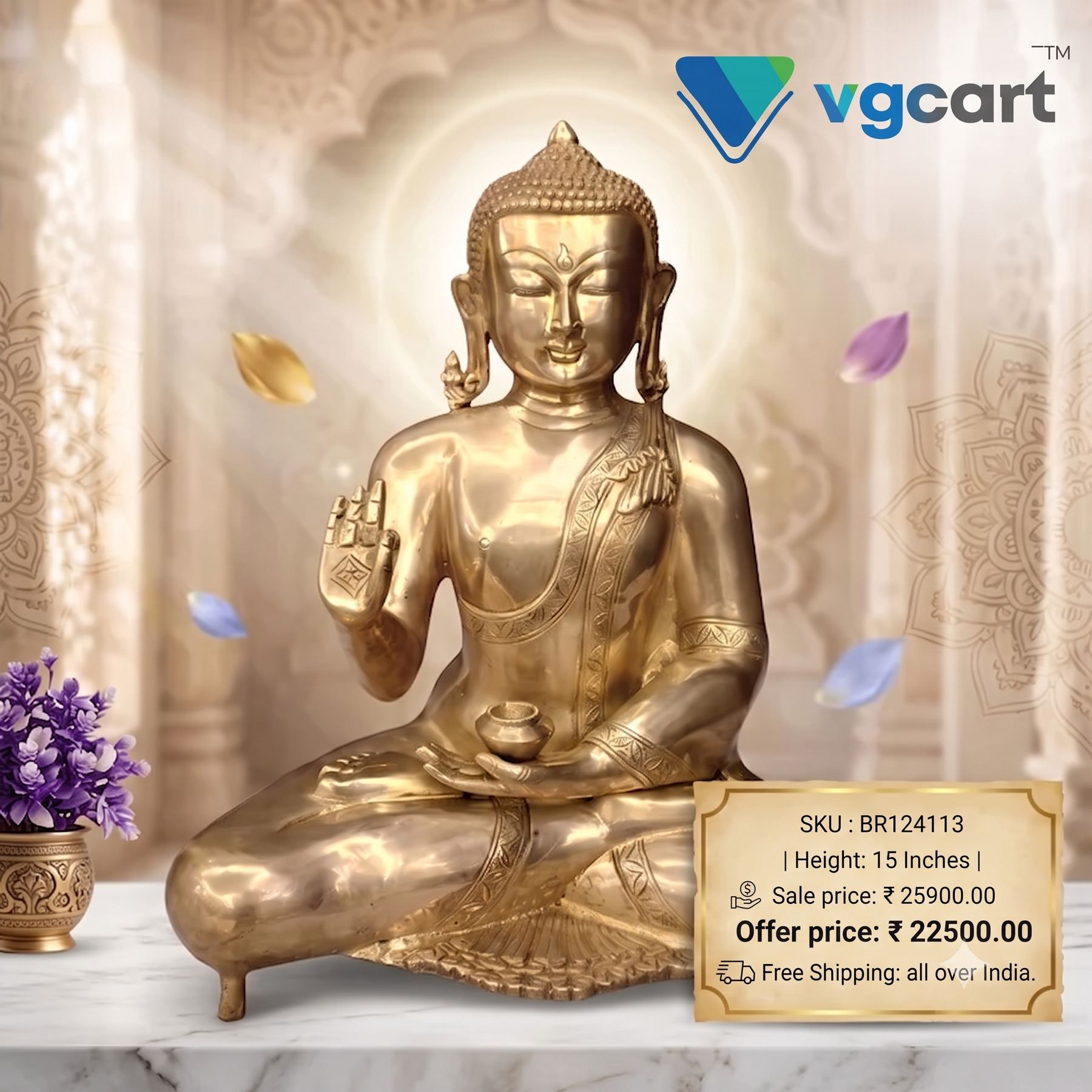 Brass Buddha Statue for Home Decor 15 Inch – Elegant Buddha Idol for Peaceful Living Room & Meditation Space