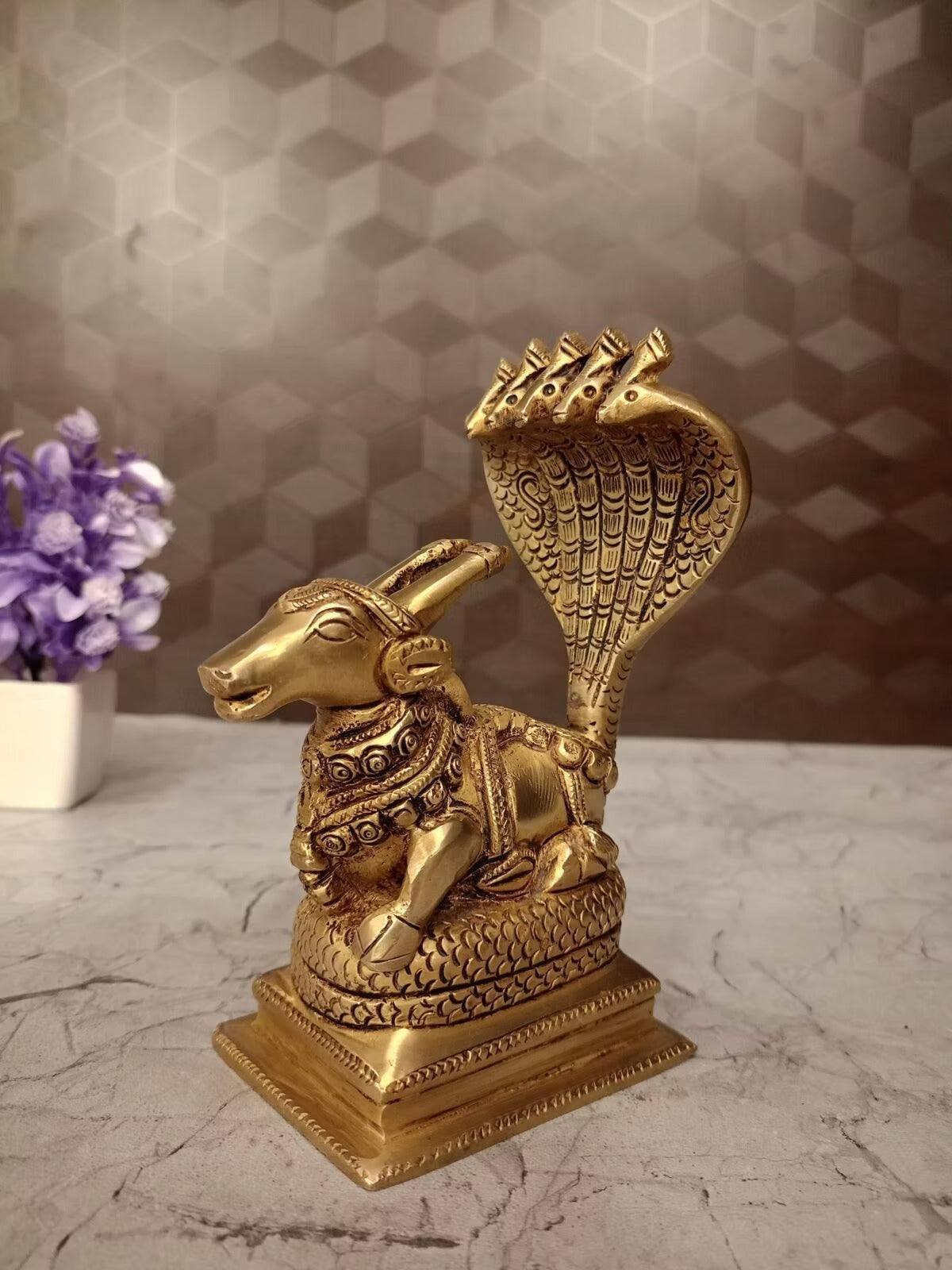 Brass Nandi Snake Idol 6 Inch – Sacred Nandi with Serpent Brass Statue for Pooja Room & Shiva Décor