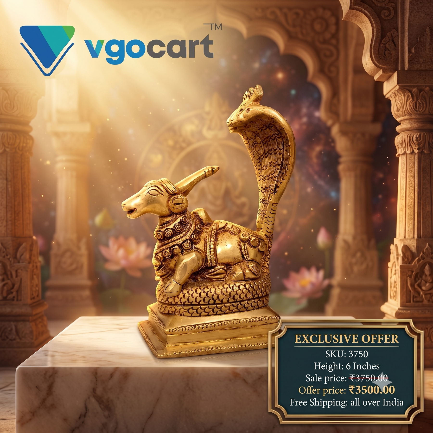 Brass Nandi Snake Idol 6 Inch – Sacred Nandi with Serpent Brass Statue for Pooja Room & Shiva Décor