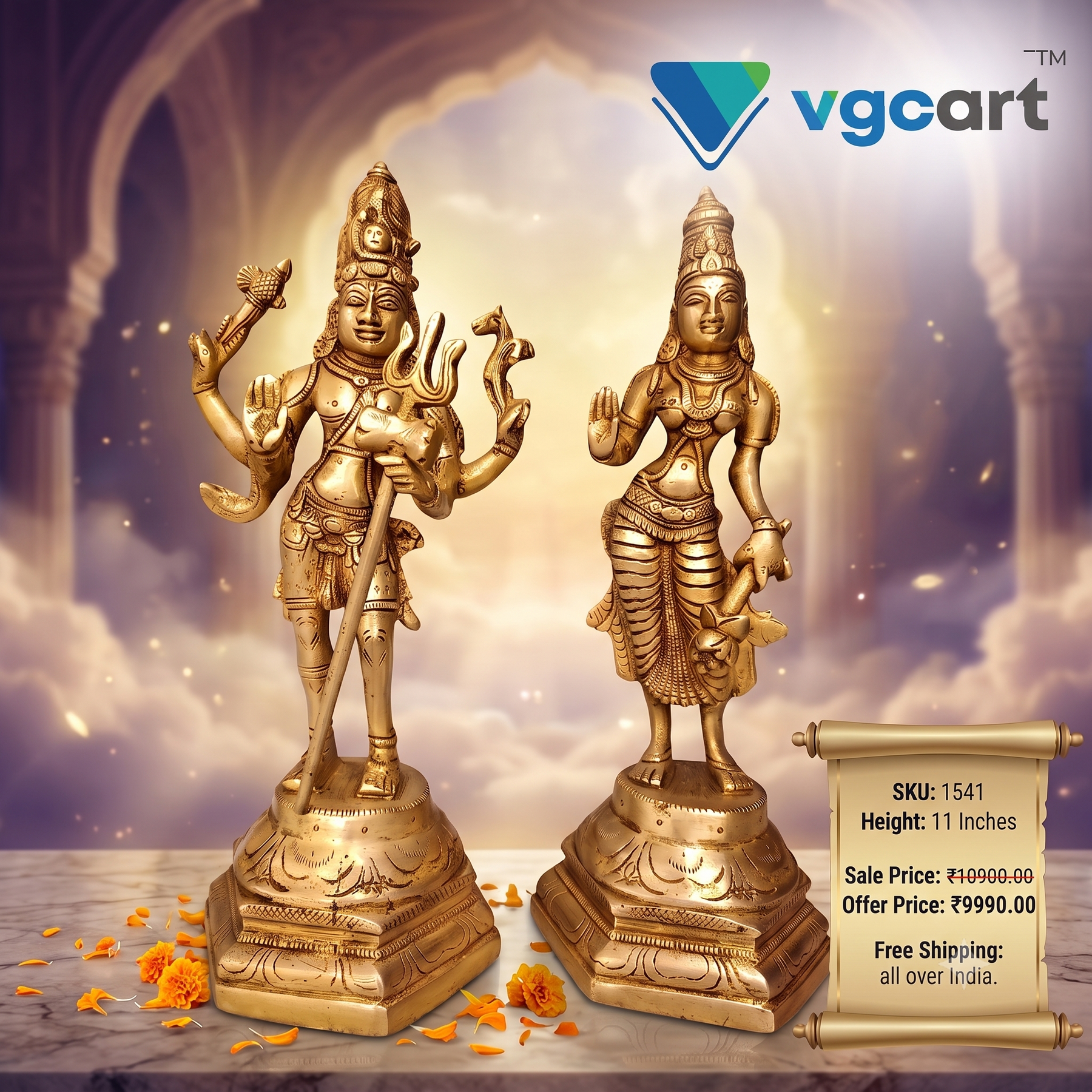 Brass Shiva Parvathi Idol 11 Inch | Lord Shiva & Goddess Parvati Divine Couple Statue for Pooja Room & Home Temple