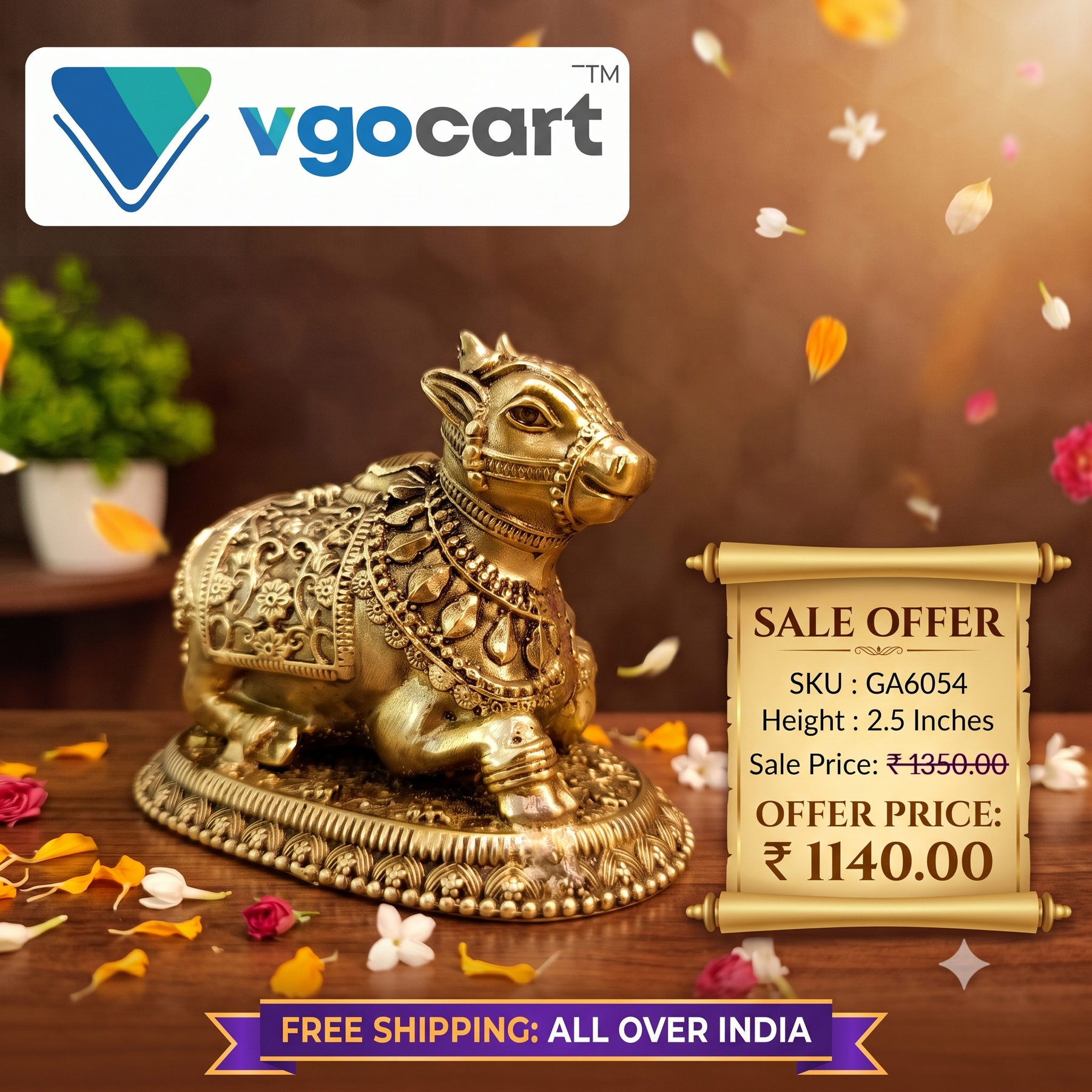 Brass Fine Art Nandhi Idol (2.5″) | Handcrafted Pure Brass Nandi Statue for Home Temple & Decor