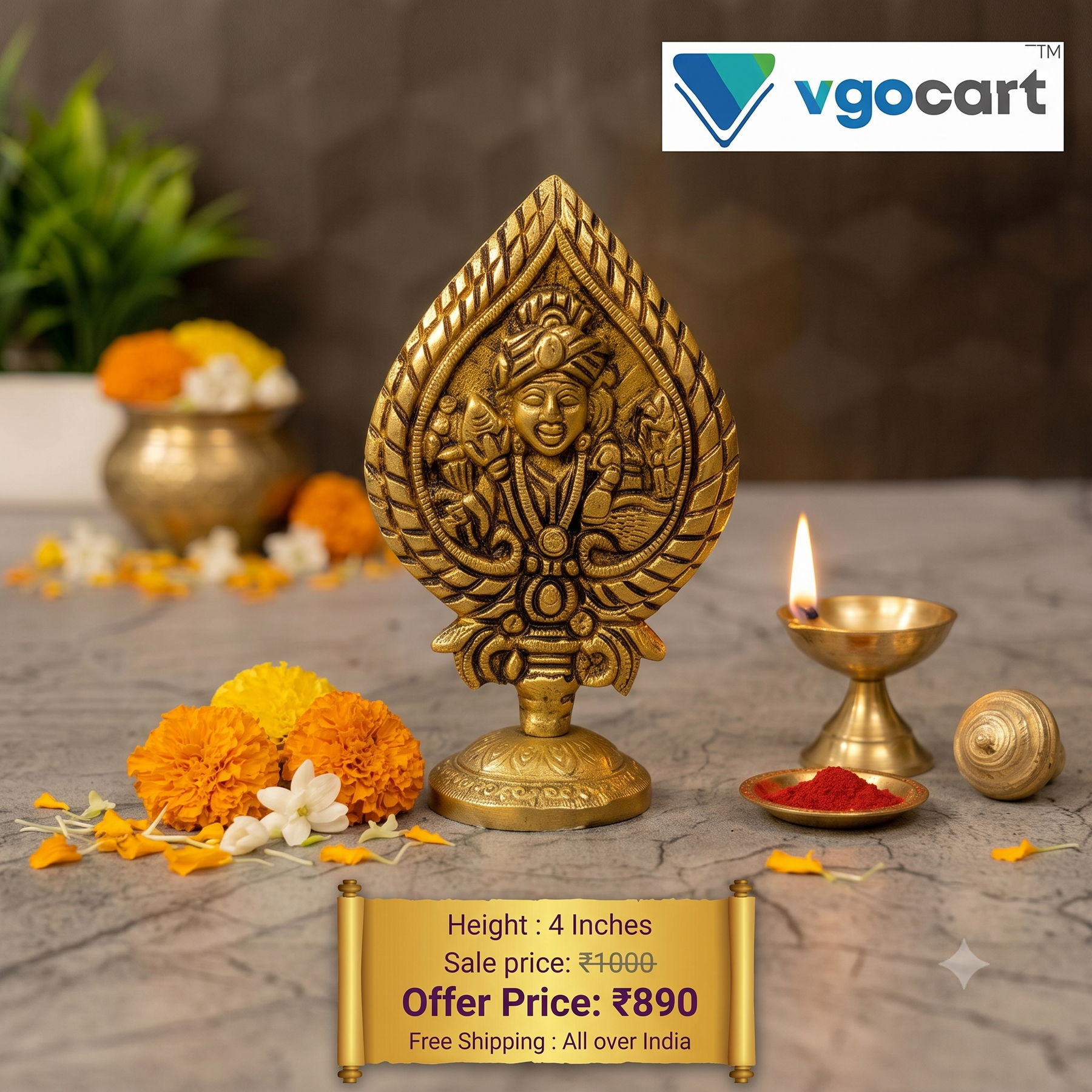 Brass Murugan Vel With Face (4 Inch) | Handcrafted Divine Kartikeya Spear for Home Temple & Pooja Decor