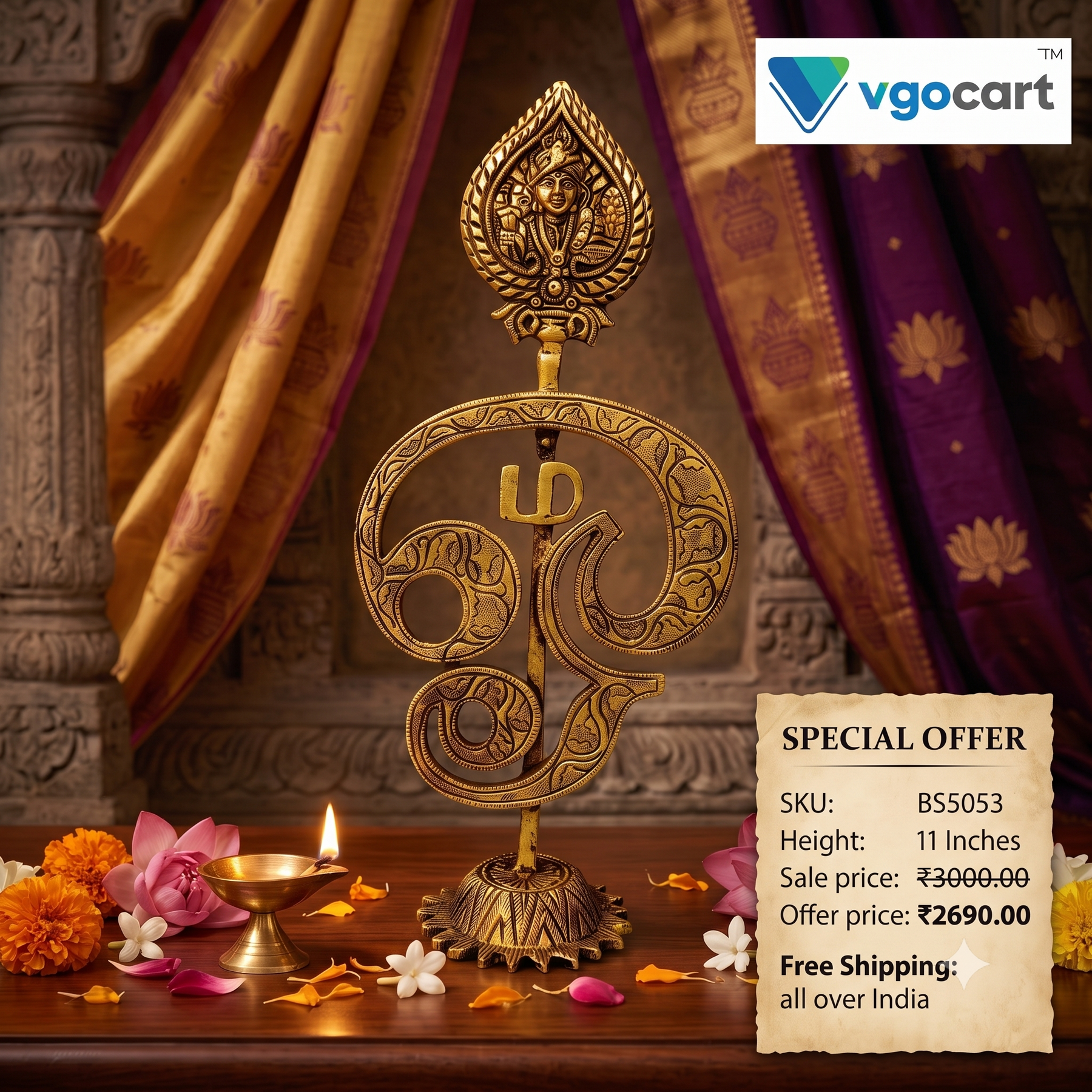 Brass Designer Om Vel With Murugan (11 Inch) | Handcrafted Divine Kartikeya Spear for Home Temple & Decor