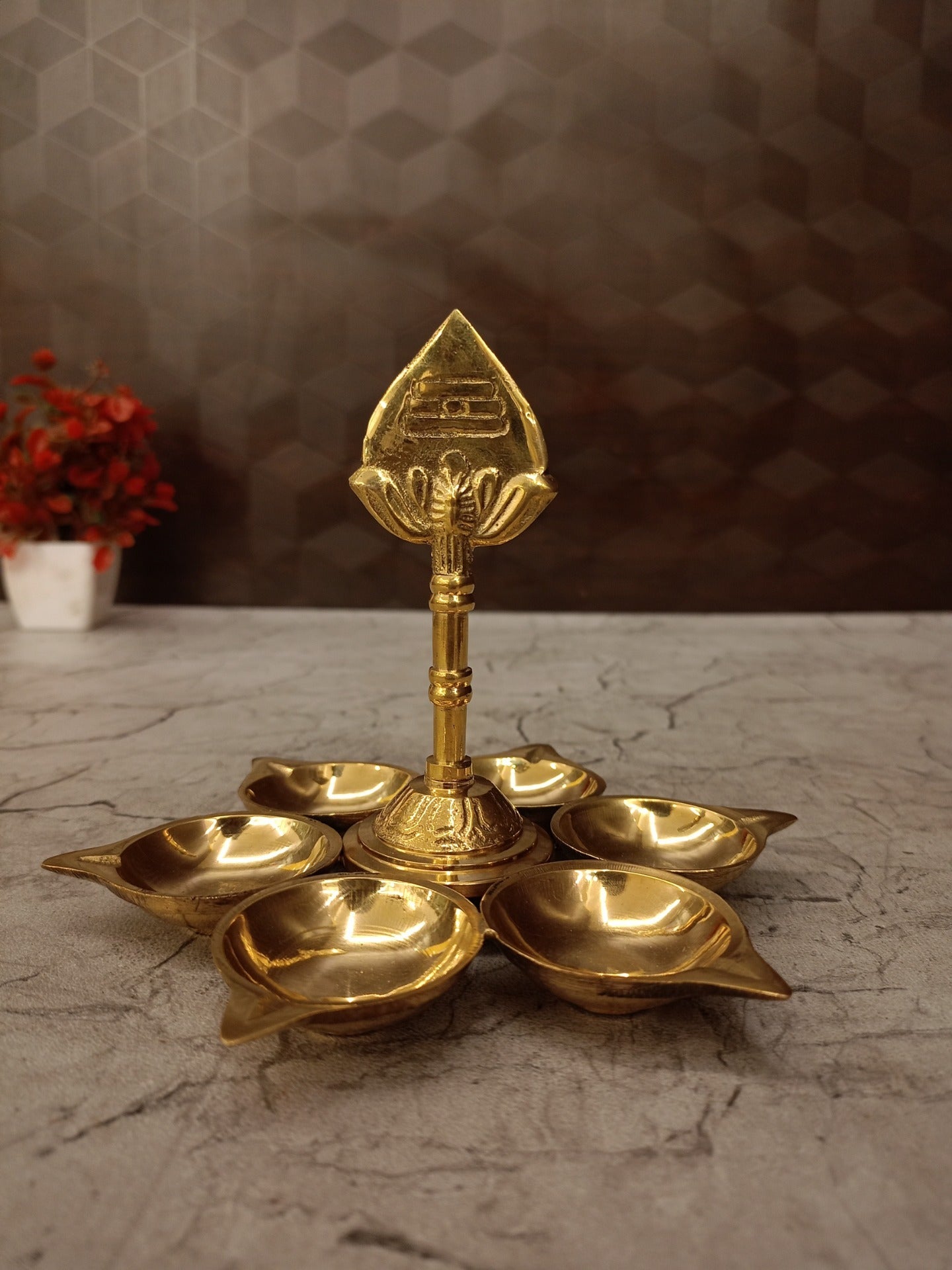 Brass Vel With Six Diyas (5 Inch) | Handcrafted Murugan Spear Lamp for Home Temple & Deepam Decor