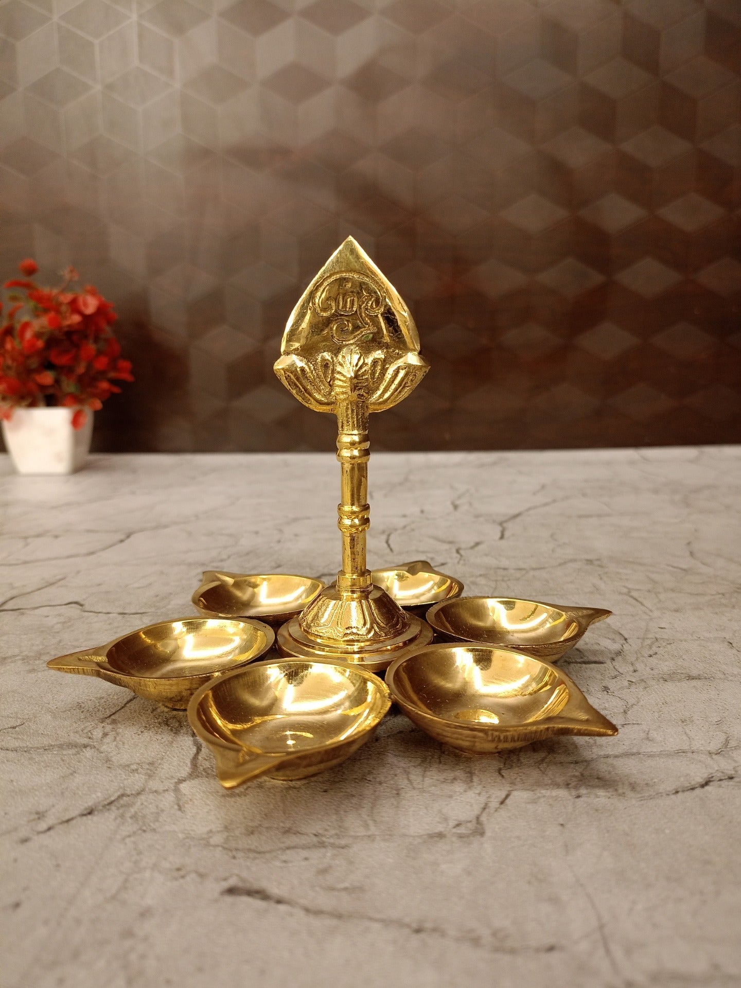 Brass Vel With Six Diyas (5 Inch) | Handcrafted Murugan Spear Lamp for Home Temple & Deepam Decor
