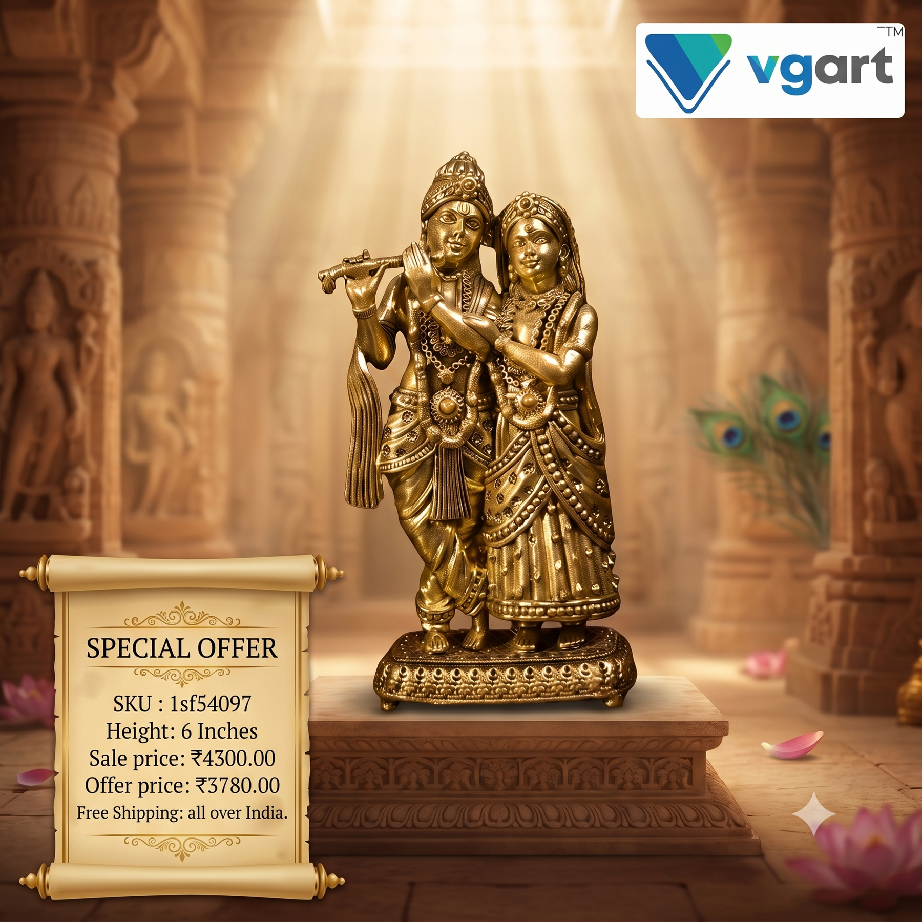 7″ Brass Radha Krishna Idol | Premium Handcrafted Brass Krishna Radha Statue for Pooja, Home & Vastu Décor