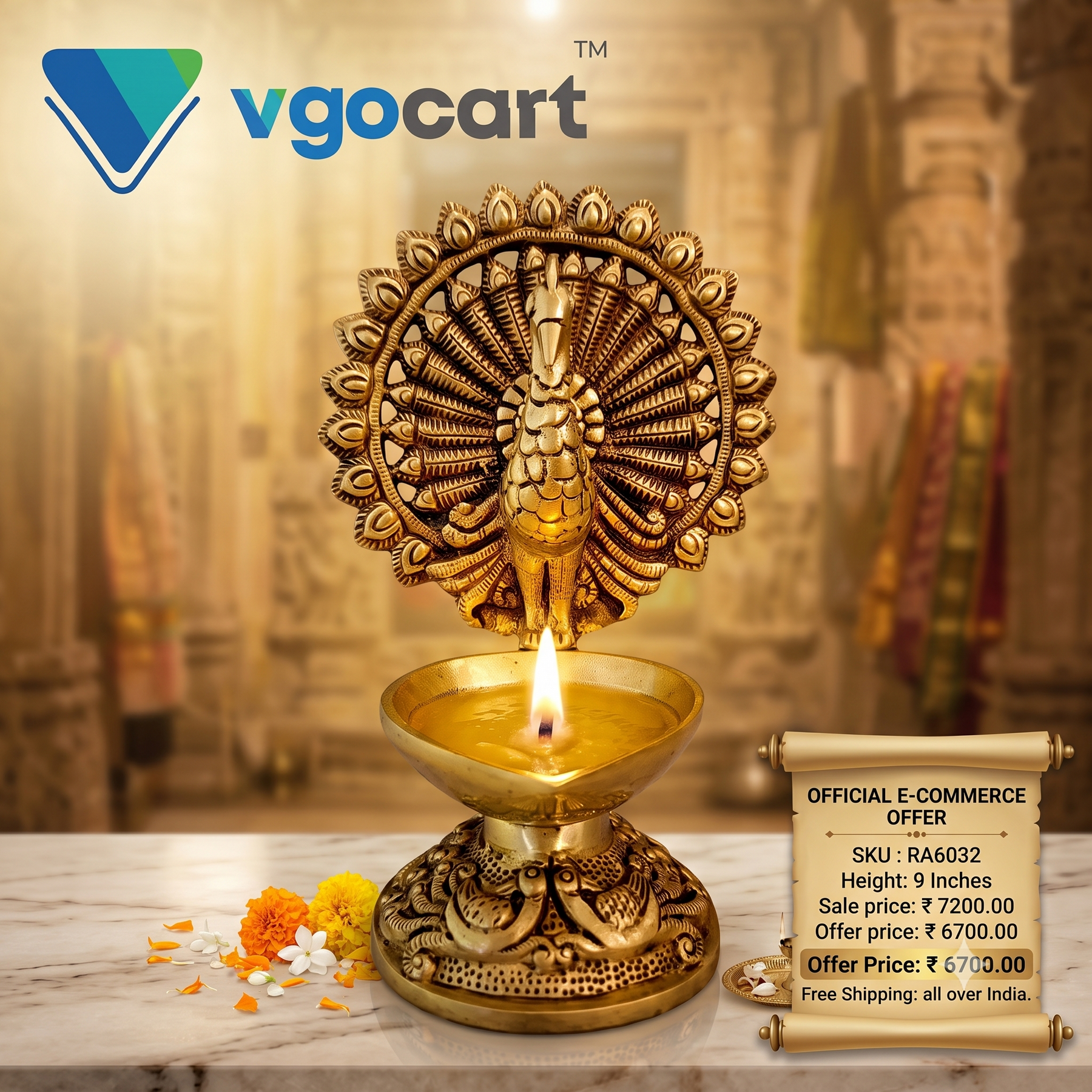 9″ Brass Single Face Peacock Diya | Handcrafted Brass Mayil Oil Lamp for Pooja, Home & Vastu