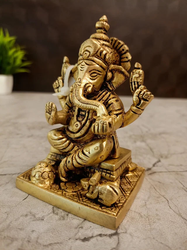 Brass Ganesha Idol on Square Base 4.5 Inch | Traditional Lord Ganesha Statue for Pooja Room & Home Decor