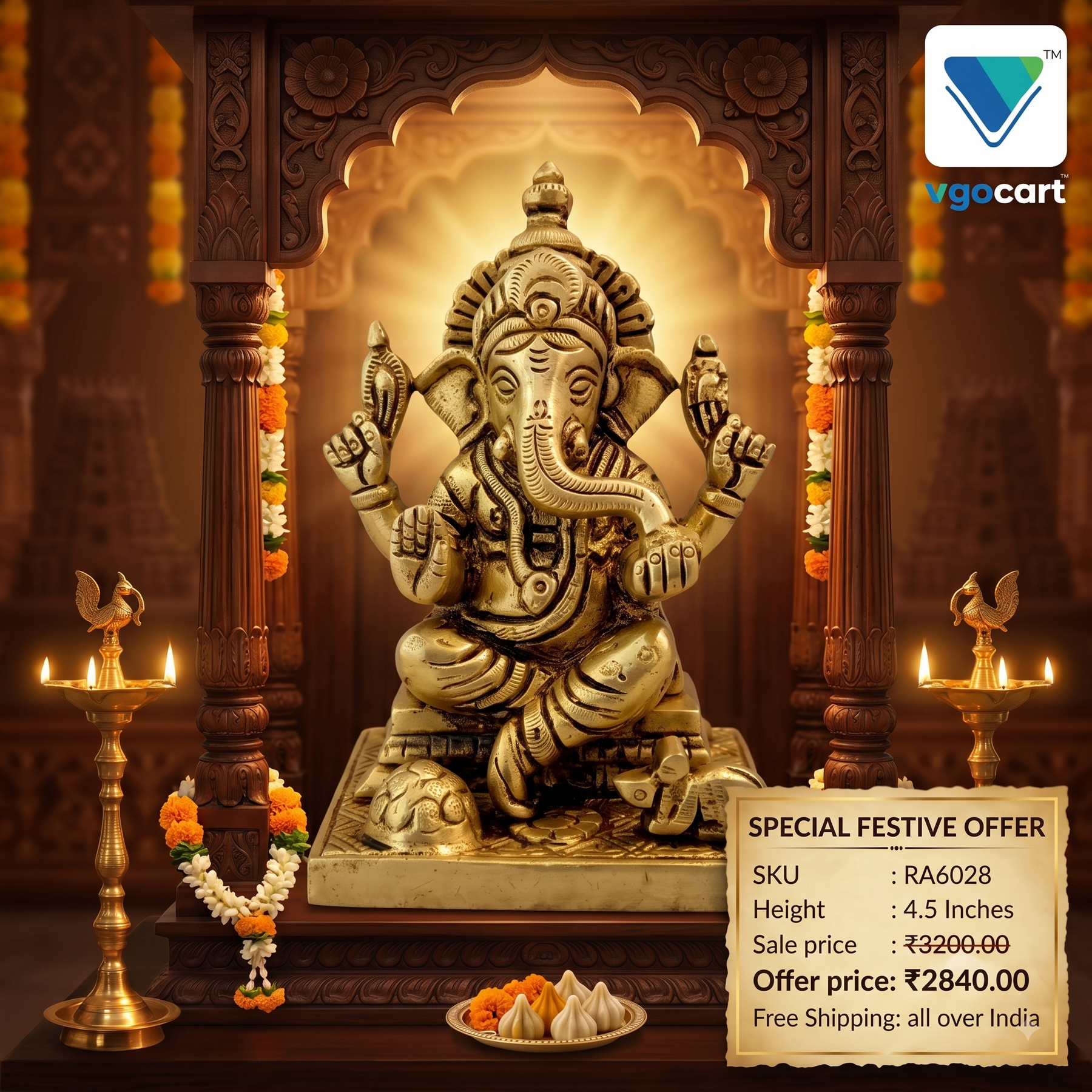 Brass Ganesha Idol on Square Base 4.5 Inch | Traditional Lord Ganesha Statue for Pooja Room & Home Decor