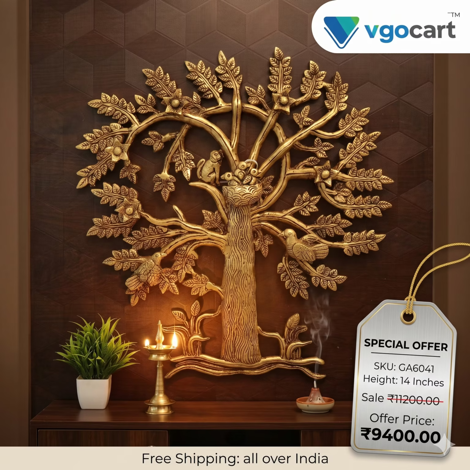 Brass Tree of Life Wall Hanging 14 Inch | Traditional Tree Wall Decor for Home, Living Room & Office